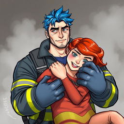 A realistic drawing of a strong, handsome firefighter with blue hair and freckles on his face, holding a red-haired woman in his arms