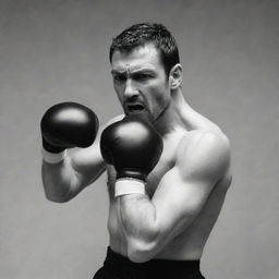 A man restraining himself from throwing a punch, standing in a defensive position with intense expression.