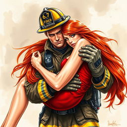 a realistic drawing of a firefighter holding a red-haired woman in his arms, the scene portrays a sense of heroism and rescue, with vivid details on the firefighter's uniform, helmet, and the woman's flowing red hair, capturing an emotional and dramatic moment