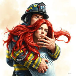 a realistic drawing of a firefighter holding a red-haired woman in his arms, the scene portrays a sense of heroism and rescue, with vivid details on the firefighter's uniform, helmet, and the woman's flowing red hair, capturing an emotional and dramatic moment