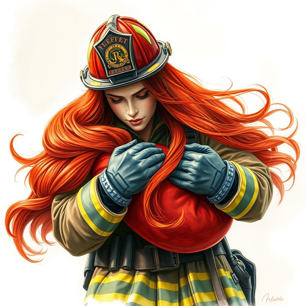 a realistic drawing of a firefighter holding a red-haired woman in his arms, the scene portrays a sense of heroism and rescue, with vivid details on the firefighter's uniform, helmet, and the woman's flowing red hair, capturing an emotional and dramatic moment