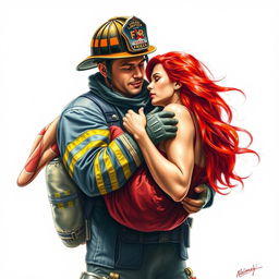 a realistic drawing of a firefighter holding a red-haired woman in his arms, the scene portrays a sense of heroism and rescue, with vivid details on the firefighter's uniform, helmet, and the woman's flowing red hair, capturing an emotional and dramatic moment