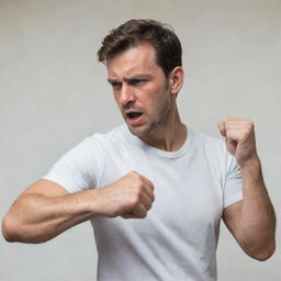 A man restraining himself from throwing a punch, standing in a defensive position with intense expression.