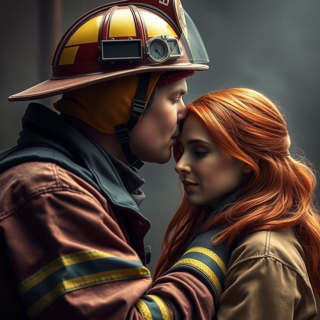 a firefighter gently kissing the forehead of a red-haired woman, depicted in hyper-realistic detail