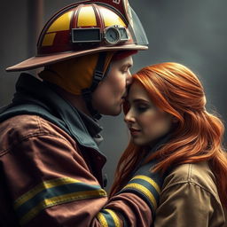 a firefighter gently kissing the forehead of a red-haired woman, depicted in hyper-realistic detail