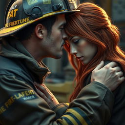 a firefighter gently kissing the forehead of a red-haired woman, depicted in hyper-realistic detail