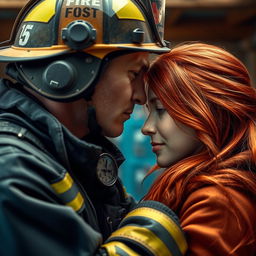 a firefighter gently kissing the forehead of a red-haired woman, depicted in hyper-realistic detail