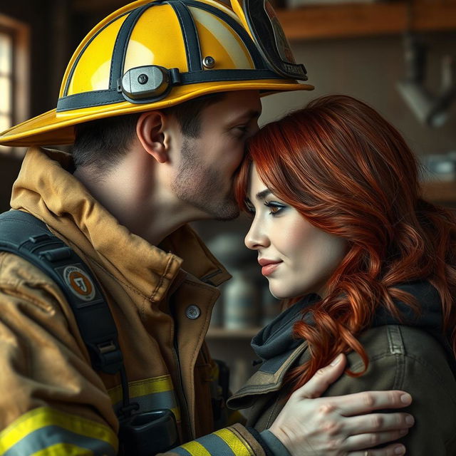 a firefighter gently kissing the forehead of a red-haired woman, depicted in hyper-realistic detail