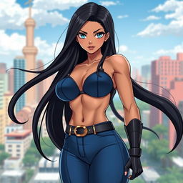 An 18-year-old Brazilian female superheroine with a striking physique, featuring large breasts, a bubble butt, and a muscular waist, embodying strength and allure