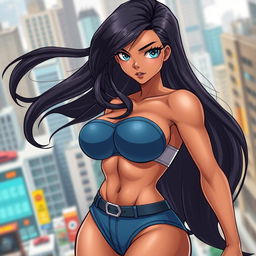 An 18-year-old Brazilian female superheroine with a striking physique, featuring large breasts, a bubble butt, and a muscular waist, embodying strength and allure