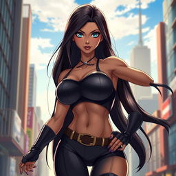 An 18-year-old Brazilian female superheroine with a striking physique, featuring large breasts, a bubble butt, and a muscular waist, embodying strength and allure