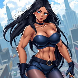 An 18-year-old Brazilian female superheroine with a striking physique, featuring large breasts, a bubble butt, and a muscular waist, embodying strength and allure