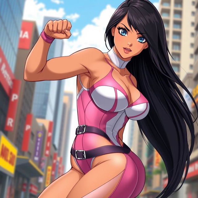 An 18-year-old Brazilian female superheroine with a striking physique, featuring large breasts, a bubble butt, and a muscular waist, embodying both power and allure