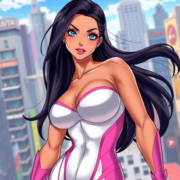 An 18-year-old Brazilian female superheroine with a striking physique, featuring large breasts, a bubble butt, and a muscular waist, embodying both power and allure