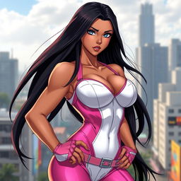 An 18-year-old Brazilian female superheroine with a striking physique, featuring large breasts, a bubble butt, and a muscular waist, embodying both power and allure