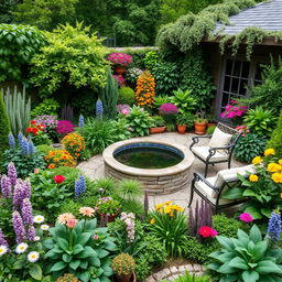 A lush and vibrant garden design featuring a variety of perennials suitable for shaded areas, creating a serene and natural oasis