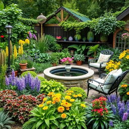 A lush and vibrant garden design featuring a variety of perennials suitable for shaded areas, creating a serene and natural oasis