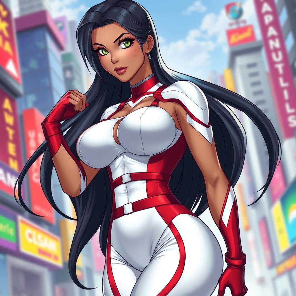 An 18-year-old Brazilian female superheroine with a captivating physique, featuring large breasts, a bubble butt, and a muscular waist, illustrating a blend of power and allure