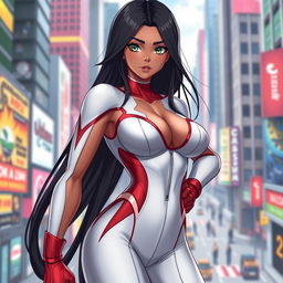 An 18-year-old Brazilian female superheroine with a captivating physique, featuring large breasts, a bubble butt, and a muscular waist, illustrating a blend of power and allure