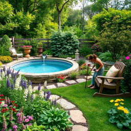 A beautiful garden design featuring a mix of perennial gardens with lush, shaded areas, incorporating elements of garden decor and outdoor garden furniture