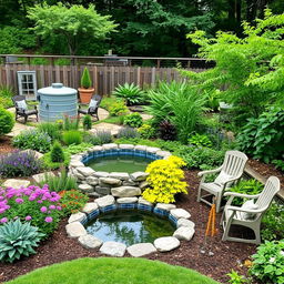 A beautiful garden design featuring a mix of perennial gardens with lush, shaded areas, incorporating elements of garden decor and outdoor garden furniture