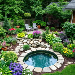 A beautiful garden design featuring a mix of perennial gardens with lush, shaded areas, incorporating elements of garden decor and outdoor garden furniture