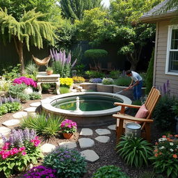 A beautiful garden design featuring a mix of perennial gardens with lush, shaded areas, incorporating elements of garden decor and outdoor garden furniture