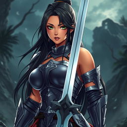 An 18-year-old Brazilian female swordswoman, exuding a powerful and alluring presence