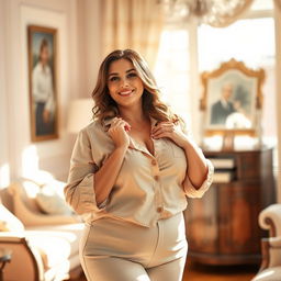 a woman with a voluptuous figure, wearing a stylish blouse that accentuates her curves, looking confident and playful as she gently holds her chest, standing in a sunlit room with soft pastel colors and elegant furnishings, her hair styled in loose waves, with a warm and inviting smile