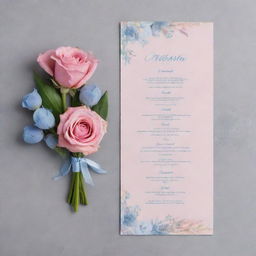 Design a beautiful menu for a bouquet business, using lush floral imagery. The primary colors should be rose quartz pink and serenity blue, invoking a sense of peace and elegance.