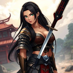 An 18-year-old Brazilian female samurai, exuding a fierce and captivating presence