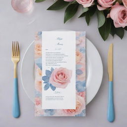 Design a beautiful menu for a bouquet business, using lush floral imagery. The primary colors should be rose quartz pink and serenity blue, invoking a sense of peace and elegance.