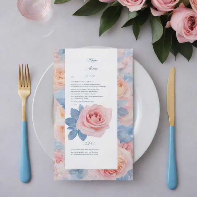 Design a beautiful menu for a bouquet business, using lush floral imagery. The primary colors should be rose quartz pink and serenity blue, invoking a sense of peace and elegance.