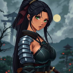 An 18-year-old Brazilian female samurai, exuding a fierce and captivating presence