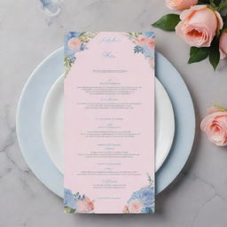 Design a beautiful menu for a bouquet business, using lush floral imagery. The primary colors should be rose quartz pink and serenity blue, invoking a sense of peace and elegance.