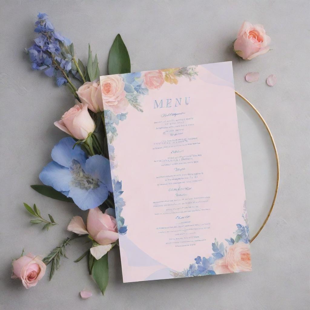 Design a beautiful menu for a bouquet business, using lush floral imagery. The primary colors should be rose quartz pink and serenity blue, invoking a sense of peace and elegance.