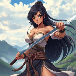 An 18-year-old Brazilian female swordsman, exuding a powerful and graceful aura