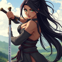 An 18-year-old Brazilian female swordsman, exuding a powerful and graceful aura