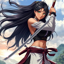 An 18-year-old Brazilian female swordsman, exuding a powerful and graceful aura