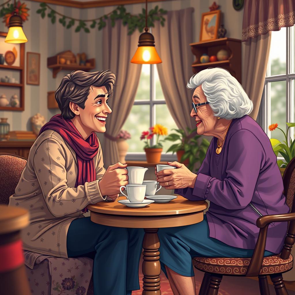 a vibrant scene depicting a young attractive man and a charming elderly woman having a heartwarming interaction in a cozy room filled with laughter and friendly conversation