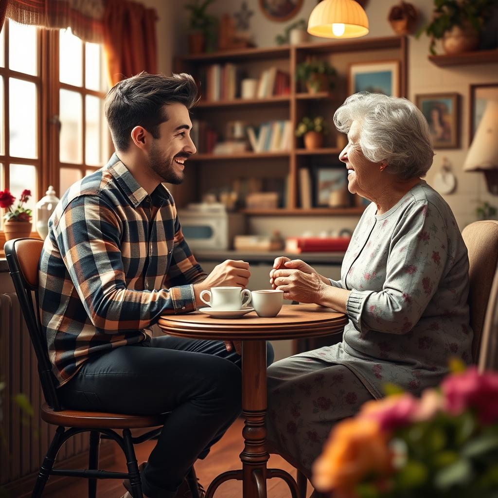 a vibrant scene depicting a young attractive man and a charming elderly woman having a heartwarming interaction in a cozy room filled with laughter and friendly conversation