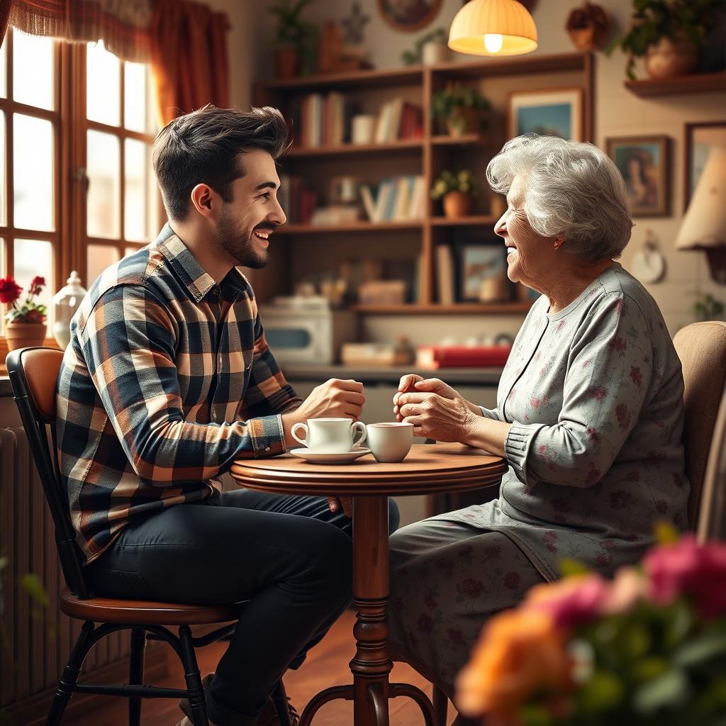 a vibrant scene depicting a young attractive man and a charming elderly woman having a heartwarming interaction in a cozy room filled with laughter and friendly conversation