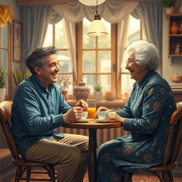 a vibrant scene depicting a young attractive man and a charming elderly woman having a heartwarming interaction in a cozy room filled with laughter and friendly conversation