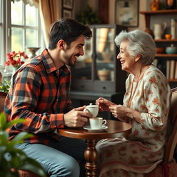 a vibrant scene depicting a young attractive man and a charming elderly woman having a heartwarming interaction in a cozy room filled with laughter and friendly conversation