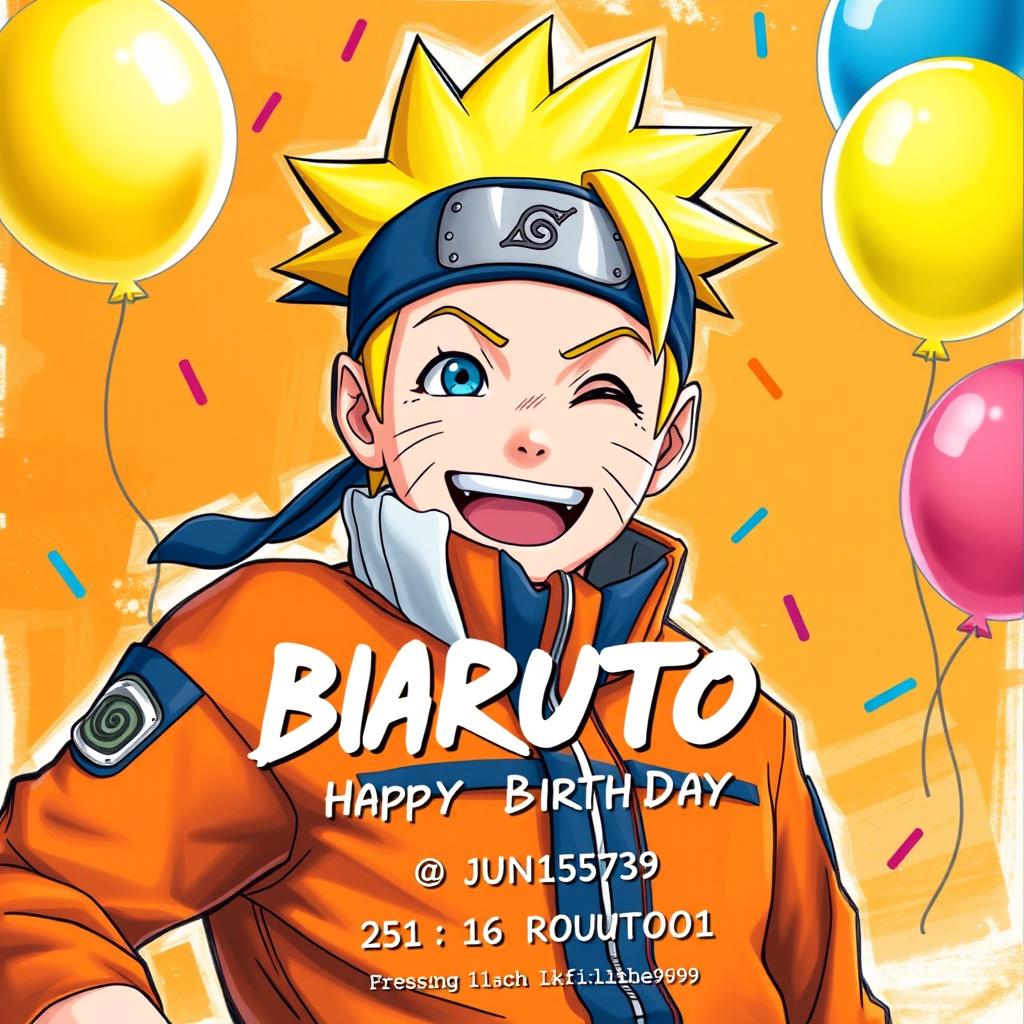 A realistic drawing of Naruto, the main character from the Naruto series, designed as a birthday invitation