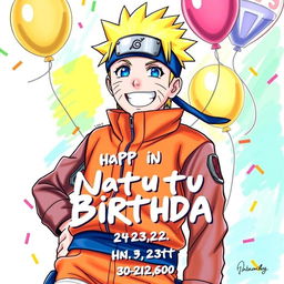 A realistic drawing of Naruto, the main character from the Naruto series, designed as a birthday invitation