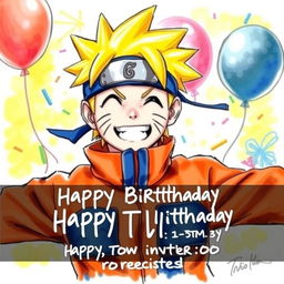 A realistic drawing of Naruto, the main character from the Naruto series, designed as a birthday invitation