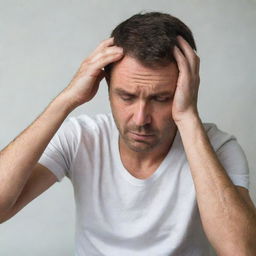 A man with his hands on his head, appearing frustrated or in deep thought.