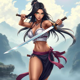 An 18-year-old Brazilian female swordsman, exuding an enchanting and confident aura