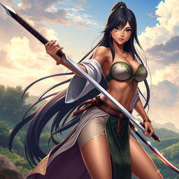 An 18-year-old Brazilian female swordsman, exuding an enchanting and confident aura